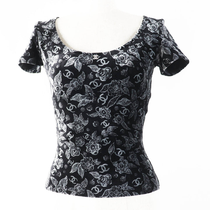Excellent CHANEL Tops COCO Mark・Floral pattern Velour Black Grey Women 34 P78132