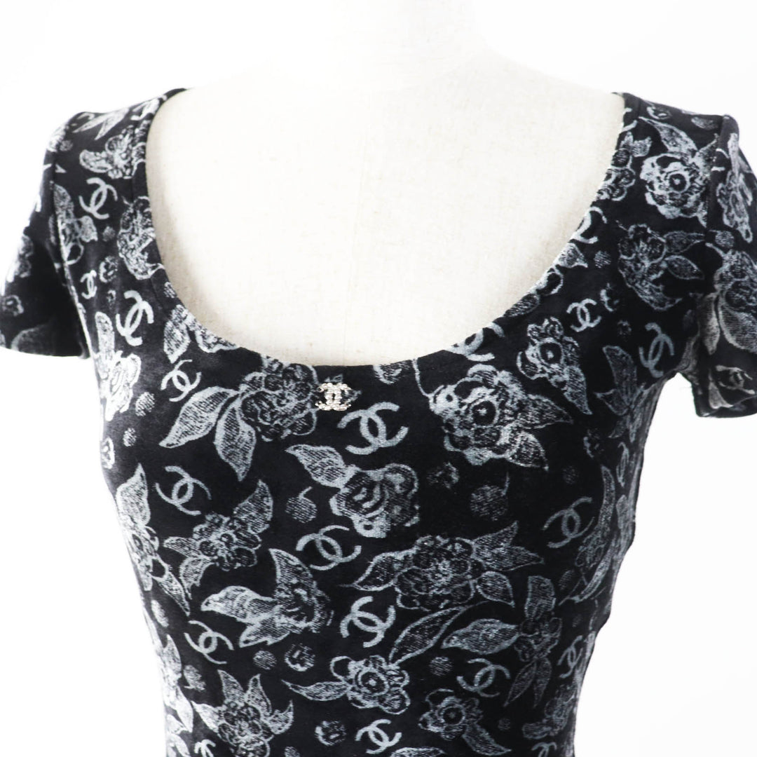 Excellent CHANEL Tops COCO Mark・Floral pattern Velour Black Grey Women 34 P78132