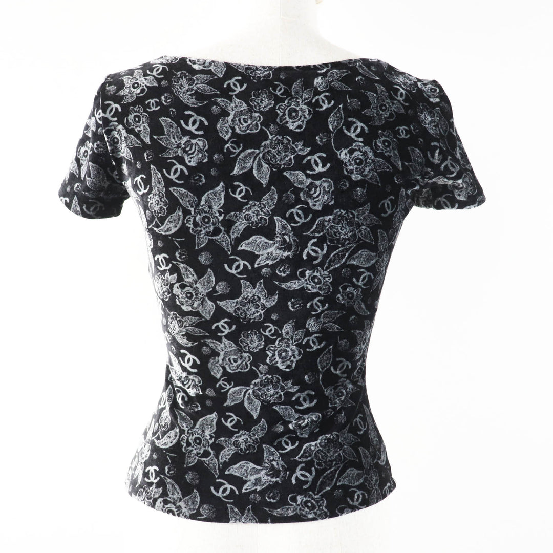 Excellent CHANEL Tops COCO Mark・Floral pattern Velour Black Grey Women 34 P78132