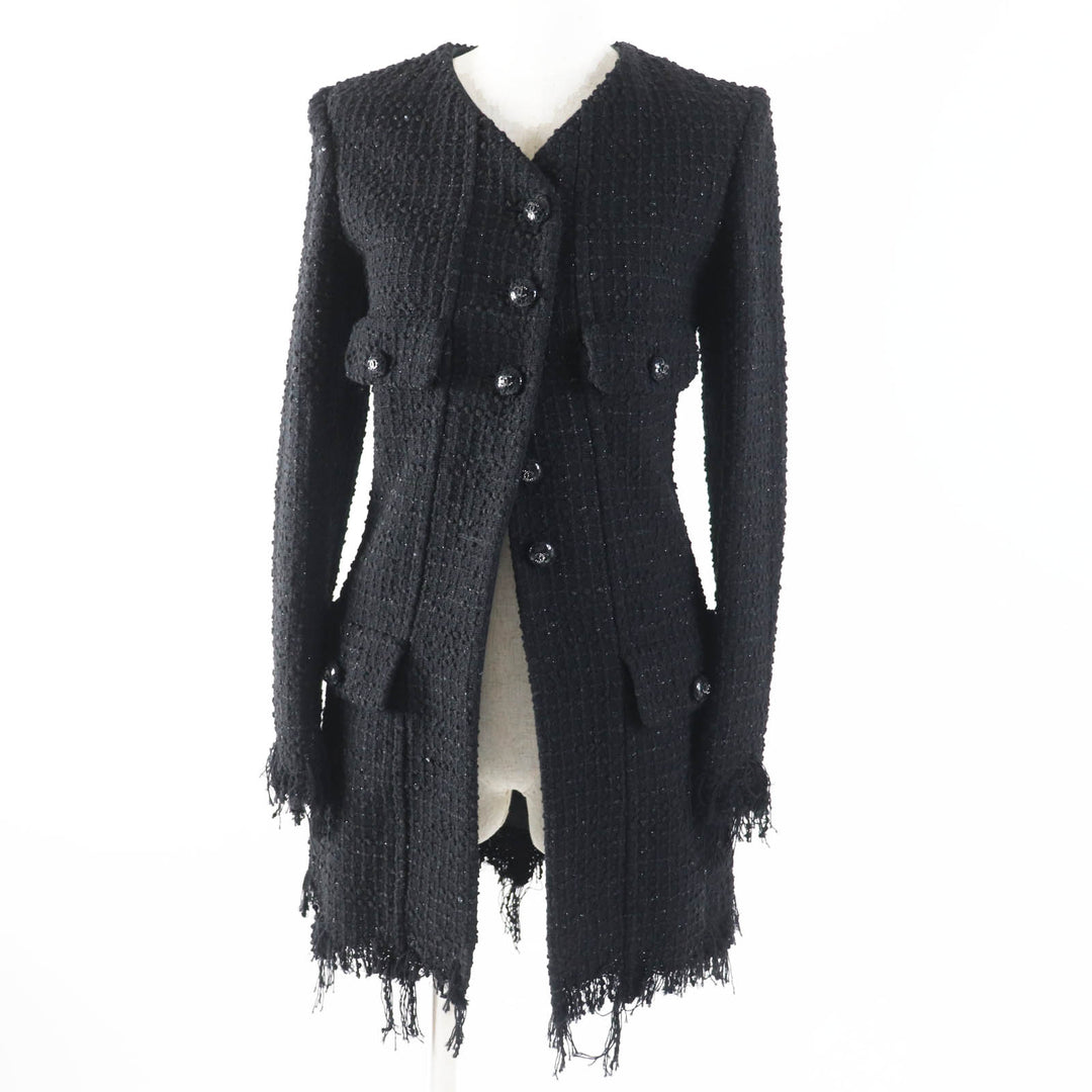 Excellent CHANEL coat Runway wear COCO Button Iridescent Tweed Black Women 34 22C P71826