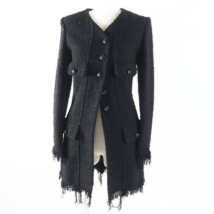 Excellent CHANEL coat Runway wear COCO Button Iridescent Tweed Black Women 34 22C P71826