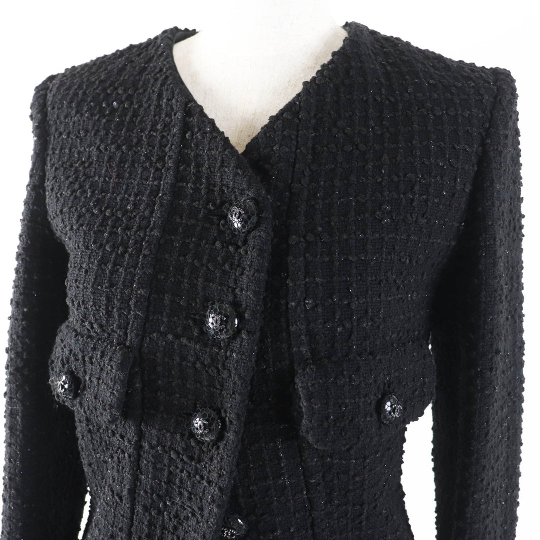Excellent CHANEL coat Runway wear COCO Button Iridescent Tweed Black Women 34 22C P71826