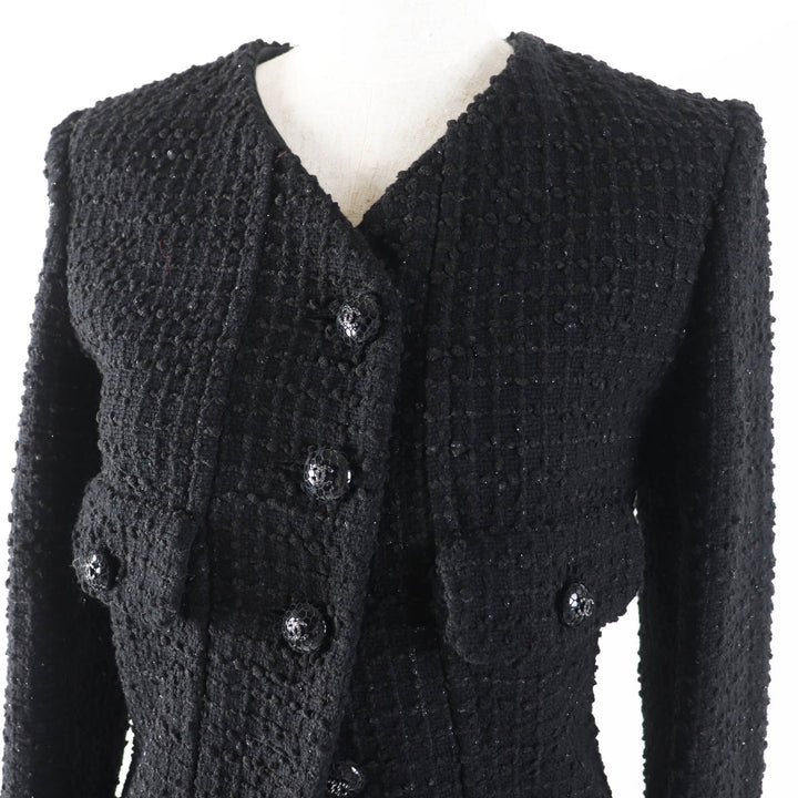 Excellent CHANEL coat Runway wear COCO Button Iridescent Tweed Black Women 34 22C P71826