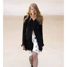 Excellent CHANEL coat Runway wear COCO Button Iridescent Tweed Black Women 34 22C P71826