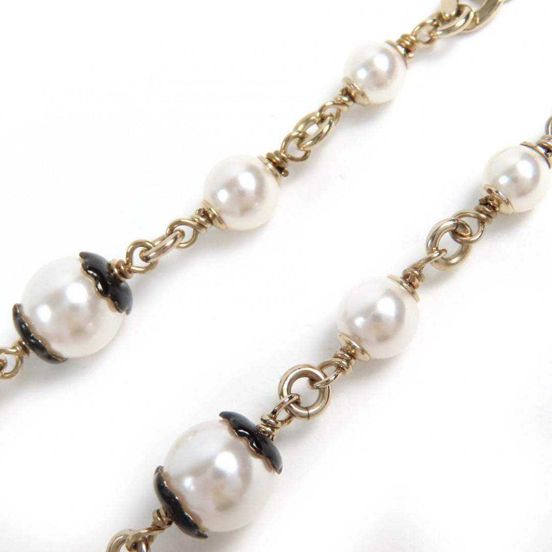 Pristine CHANEL choker COCO Mark Pearl Necklace Gold Black White Women ABE157