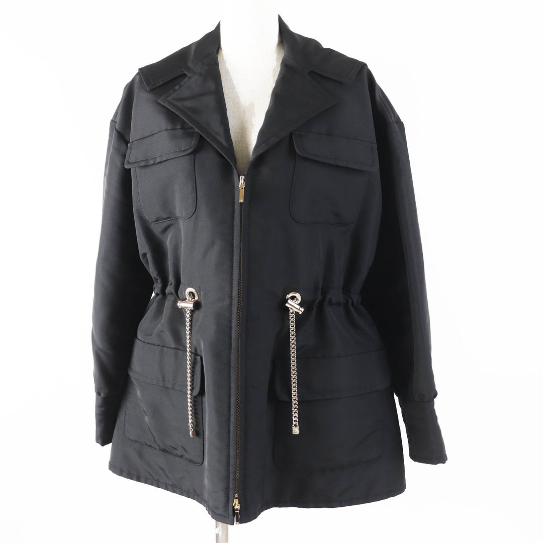 Excellent CHANEL Jacket COCO MarkChain design hoodie/ black silk Women 34 23B P75490
