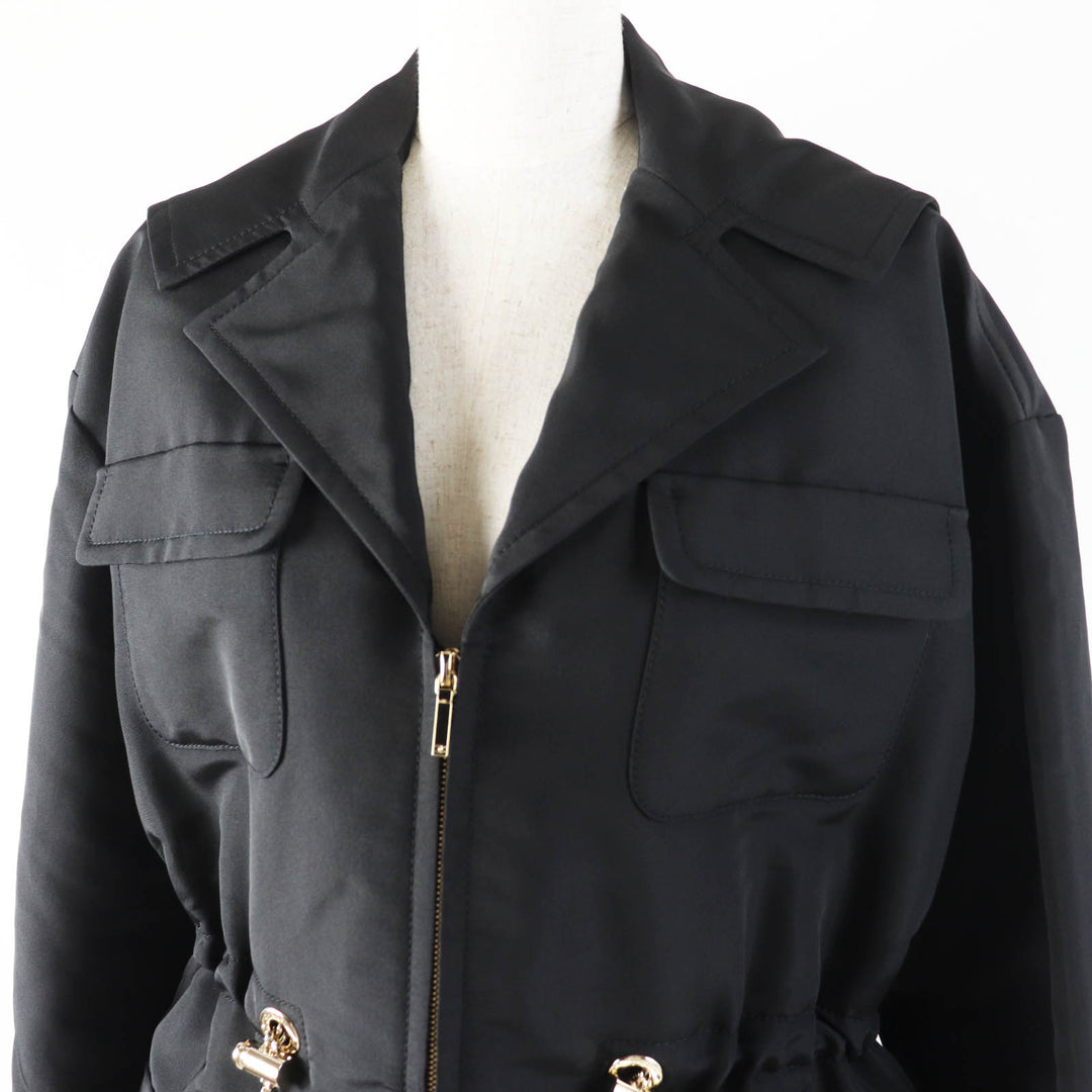 Excellent CHANEL Jacket COCO MarkChain design hoodie/ black silk Women 34 23B P75490