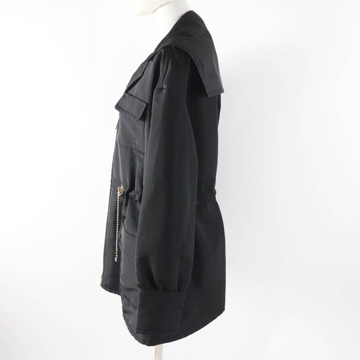 Excellent CHANEL Jacket COCO MarkChain design hoodie/ black silk Women 34 23B P75490