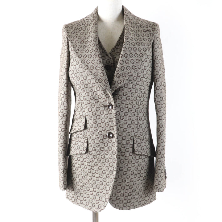 Excellent GUCCI Logo Pattern Vest and Jacket 2-Piece Set Brown Women 36 652629