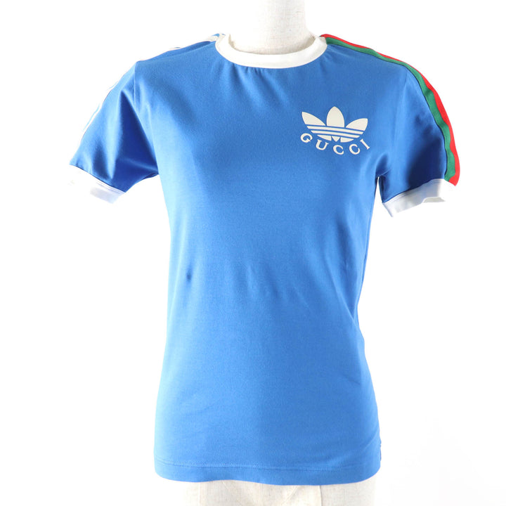 Pristine GUCCI×adidas Short sleeve T-shirt Trefoil print blue cotton Women S