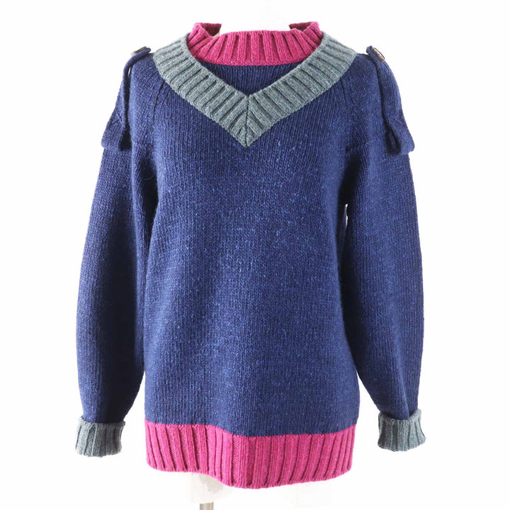Excellent CHANEL knit With COCO Mark button Navy Pink Gray cashmere Women 38 P44484