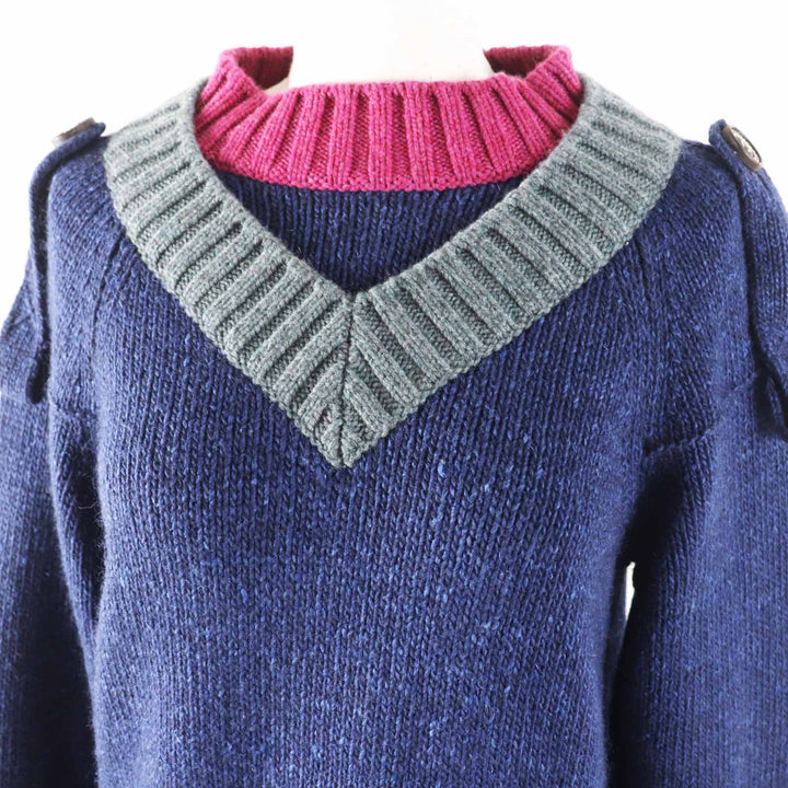 Excellent CHANEL knit With COCO Mark button Navy Pink Gray cashmere Women 38