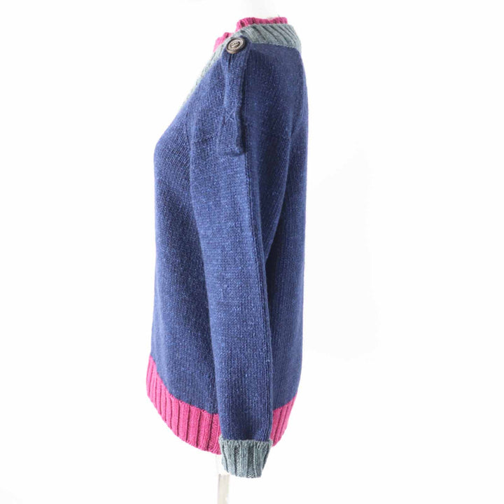 Excellent CHANEL knit With COCO Mark button Navy Pink Gray cashmere Women 38 P44484