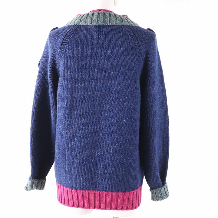 Excellent CHANEL knit With COCO Mark button Navy Pink Gray cashmere Women 38 P44484