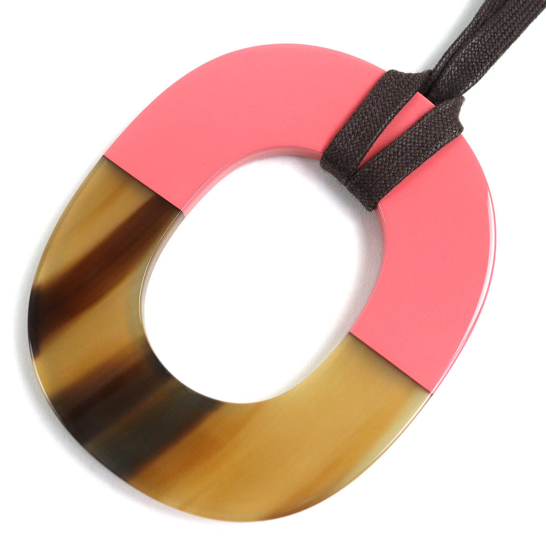 Excellent HERMES Necklace Ism Bicolor Pendant Wood Beige Pink Buffalo horn Women