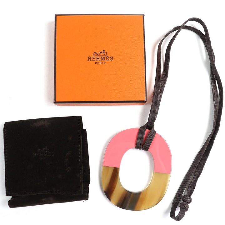 Excellent HERMES Necklace Ism Bicolor Pendant Wood Beige Pink Buffalo horn Women