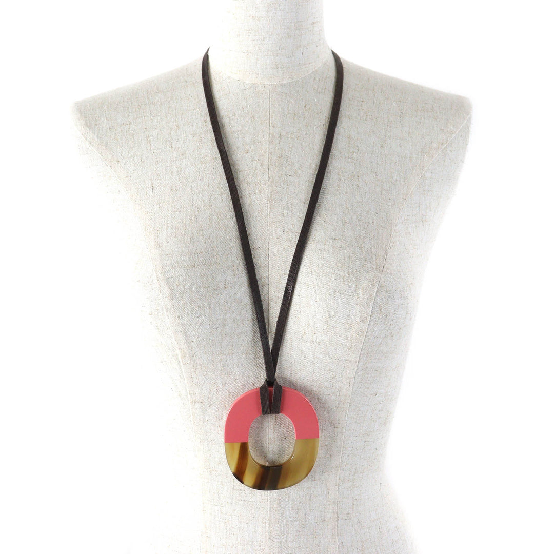 Excellent HERMES Necklace Ism Bicolor Pendant Wood Beige Pink Buffalo horn Women