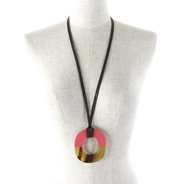Excellent HERMES Necklace Ism Bicolor Pendant Wood Beige Pink Buffalo horn Women