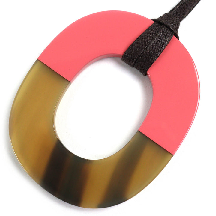 Excellent HERMES Necklace Ism Bicolor Pendant Wood Beige Pink Buffalo horn Women