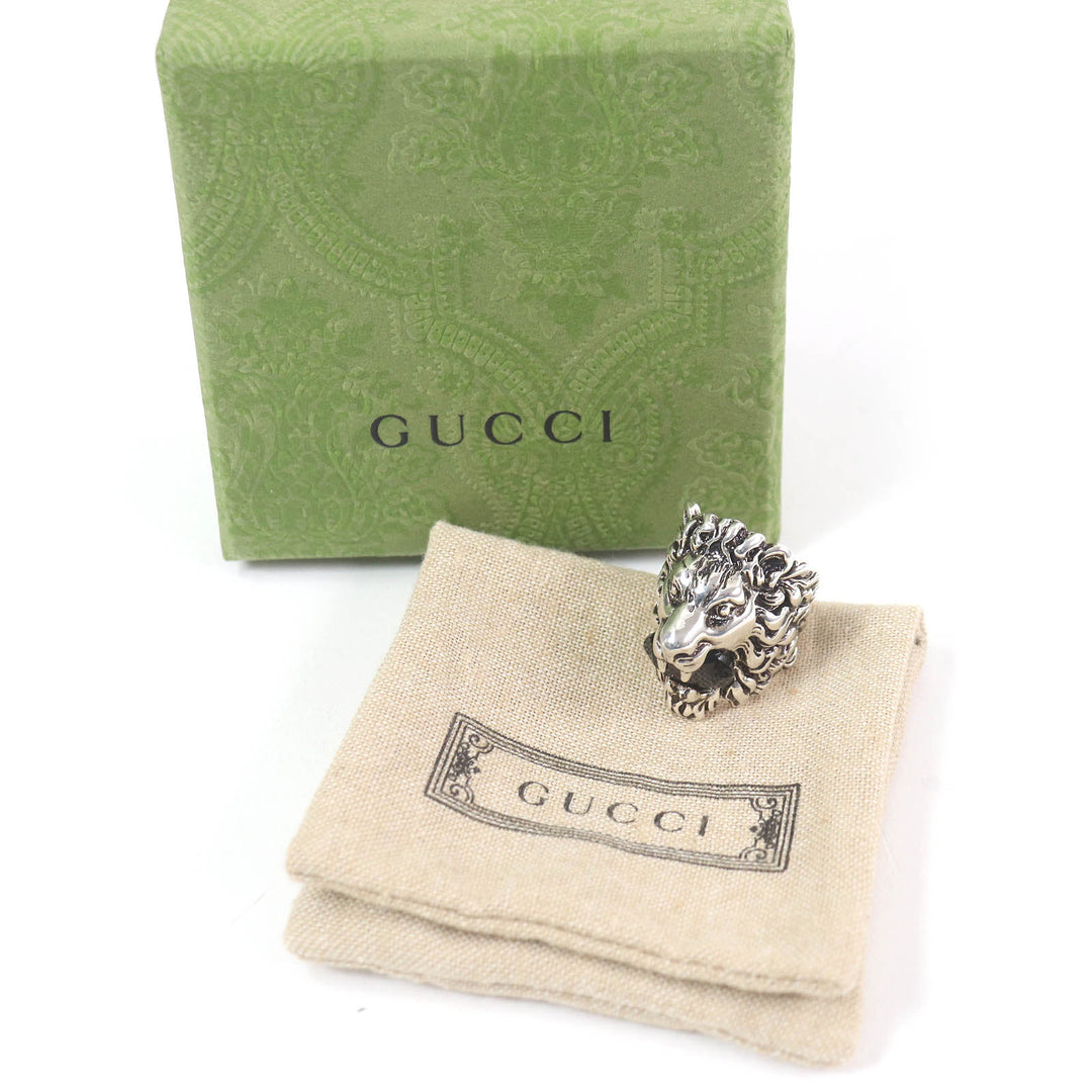 Excellent GUCCI Ring Lion head Silver black Colored stone mens