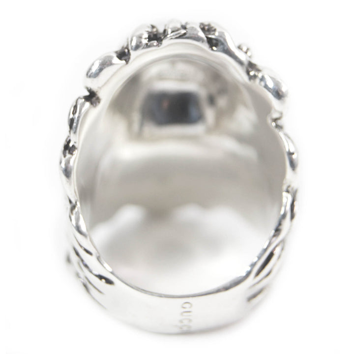Excellent GUCCI Ring Lion head Silver black Colored stone mens
