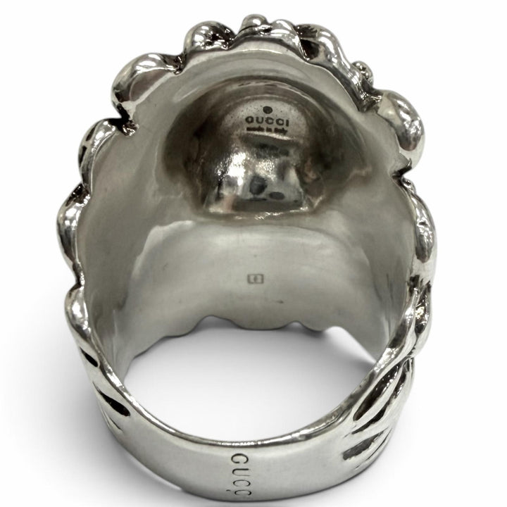 Excellent GUCCI Ring Lion head Silver black Colored stone mens
