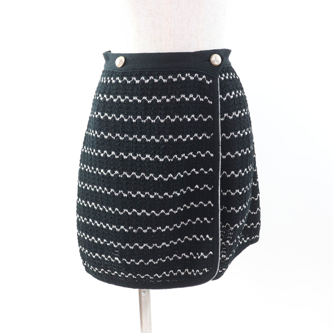 Great CHANEL Wrap skirt trapezoid Black White cotton Women 34 P49277