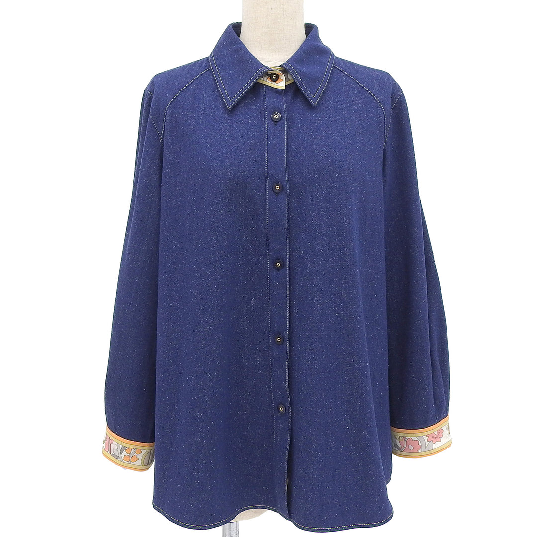 Great LEONARD FASHION Long sleeve shirt Floral pattern use Navy silk Women 44