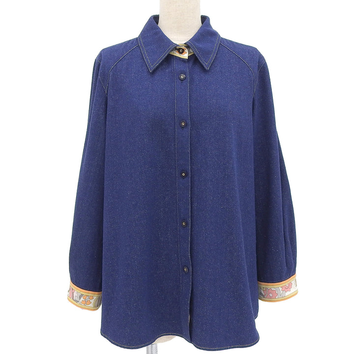 Great LEONARD FASHION Long sleeve shirt Floral pattern use Navy silk Women 44