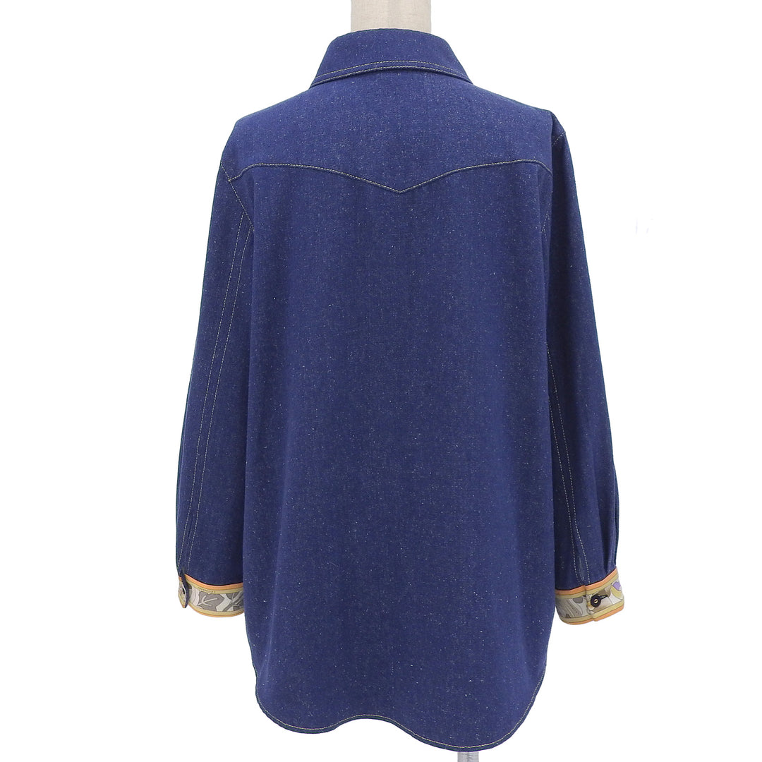 Great LEONARD FASHION Long sleeve shirt Floral pattern use Navy silk Women 44