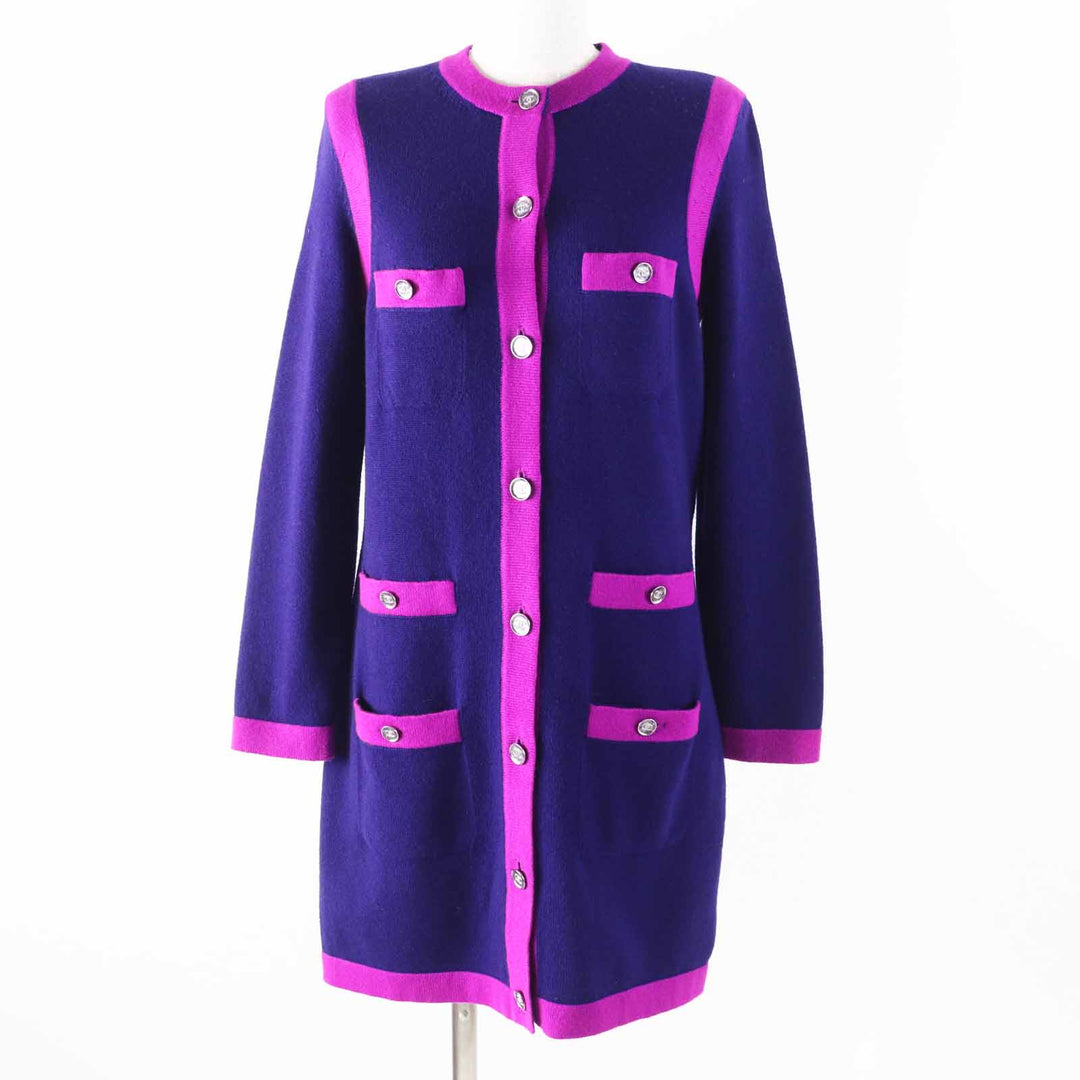 Excellent CHANEL cardigan long knit COCO Mark buttons Navy purple cashmere Women 36 P75656