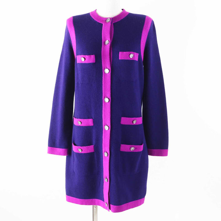 Excellent CHANEL cardigan long knit COCO Mark buttons Navy purple cashmere Women 36 P75656