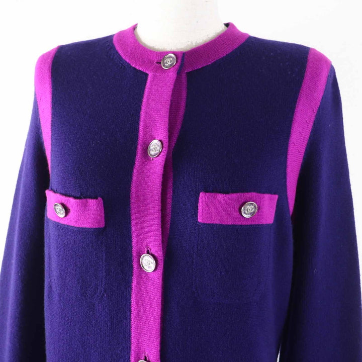 Excellent CHANEL cardigan long knit COCO Mark buttons Navy purple cashmere Women 36 P75656