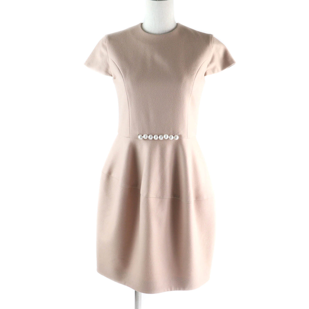 Great YOKO CHAN one piece F pearl decoration French sleeve balloon pink beige wool Women 38 YCD-520-542