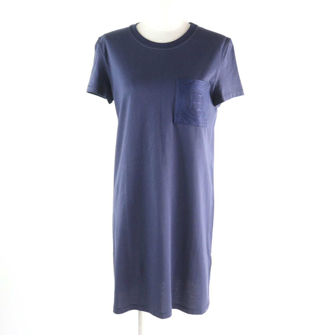Excellent HERMES one piece pocket, crew neck, short sleeves Navy cotton Women 36