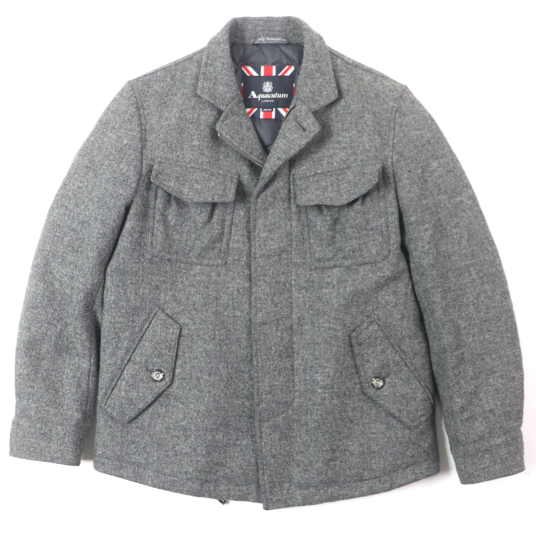 Excellent Aquascutum Down jacket Tweed Logo Buttons Hidden Front Zip Up gray wool mens M