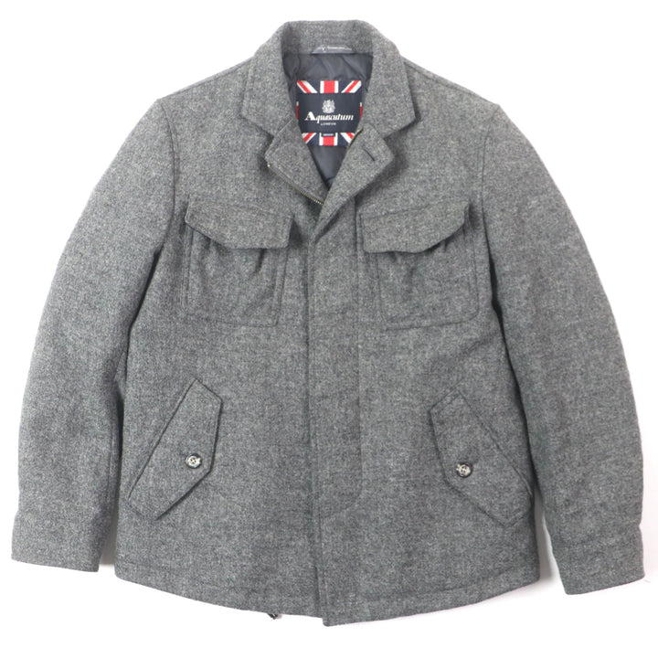 Excellent Aquascutum Down jacket Tweed Logo Buttons Hidden Front Zip Up gray wool mens M