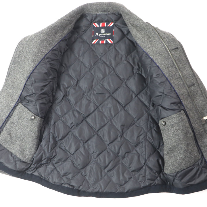 Excellent Aquascutum Down jacket Tweed Logo Buttons Hidden Front Zip Up gray wool mens M