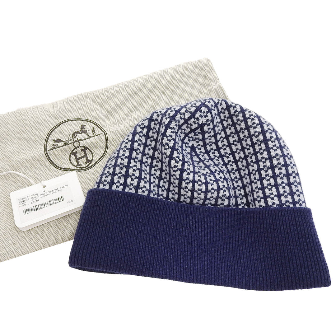 Pristine HERMES Knit cap BONNET FEMME H logo Navy cashmere Women M 232019N