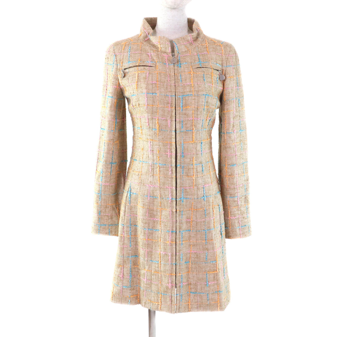 Excellent CHANEL coat COCO Mark buttoned tweed beige Viscose (rayon) Women 34 01P P17594