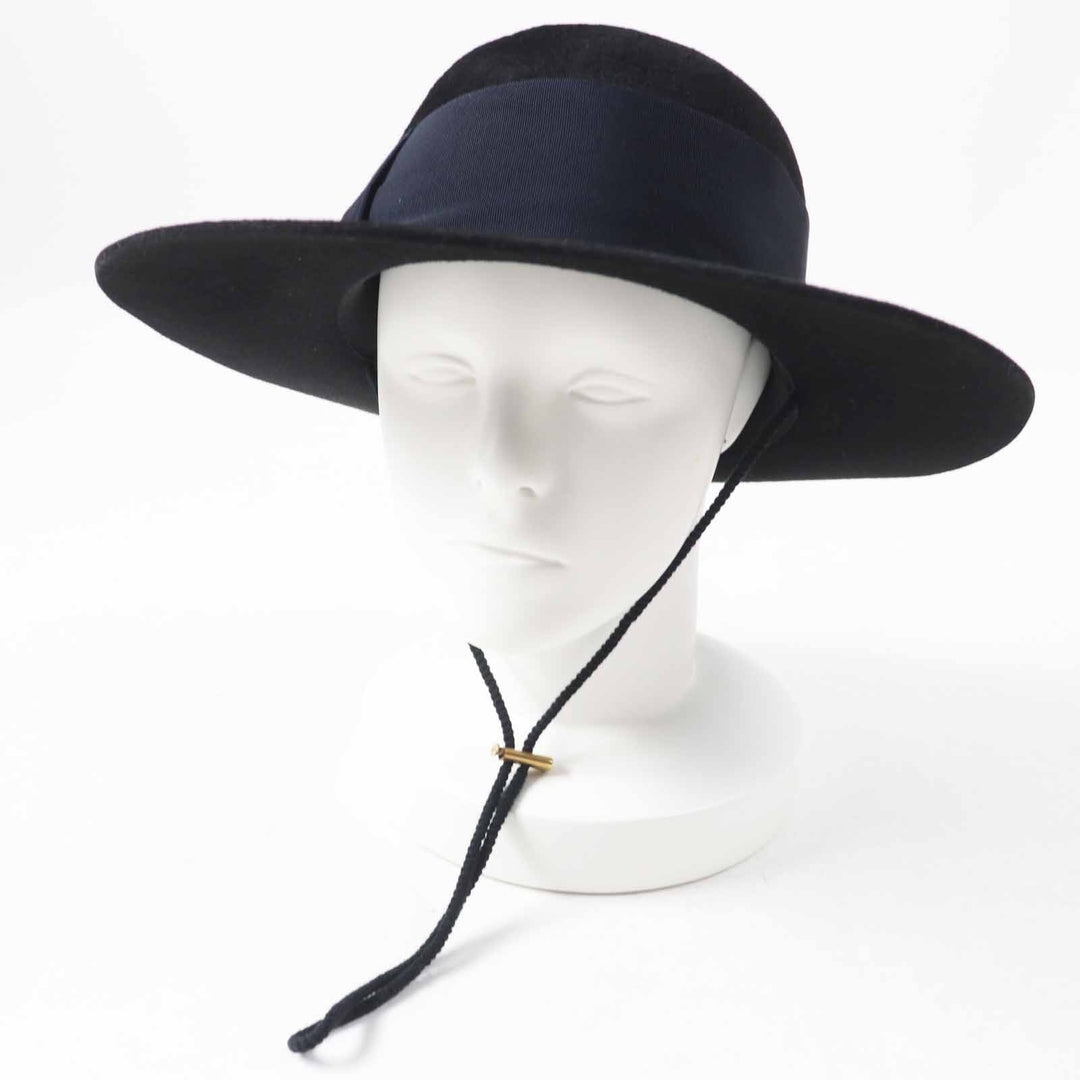 Excellent GUCCI hat Rabbit felt wide brim black dark navy wool Women XL