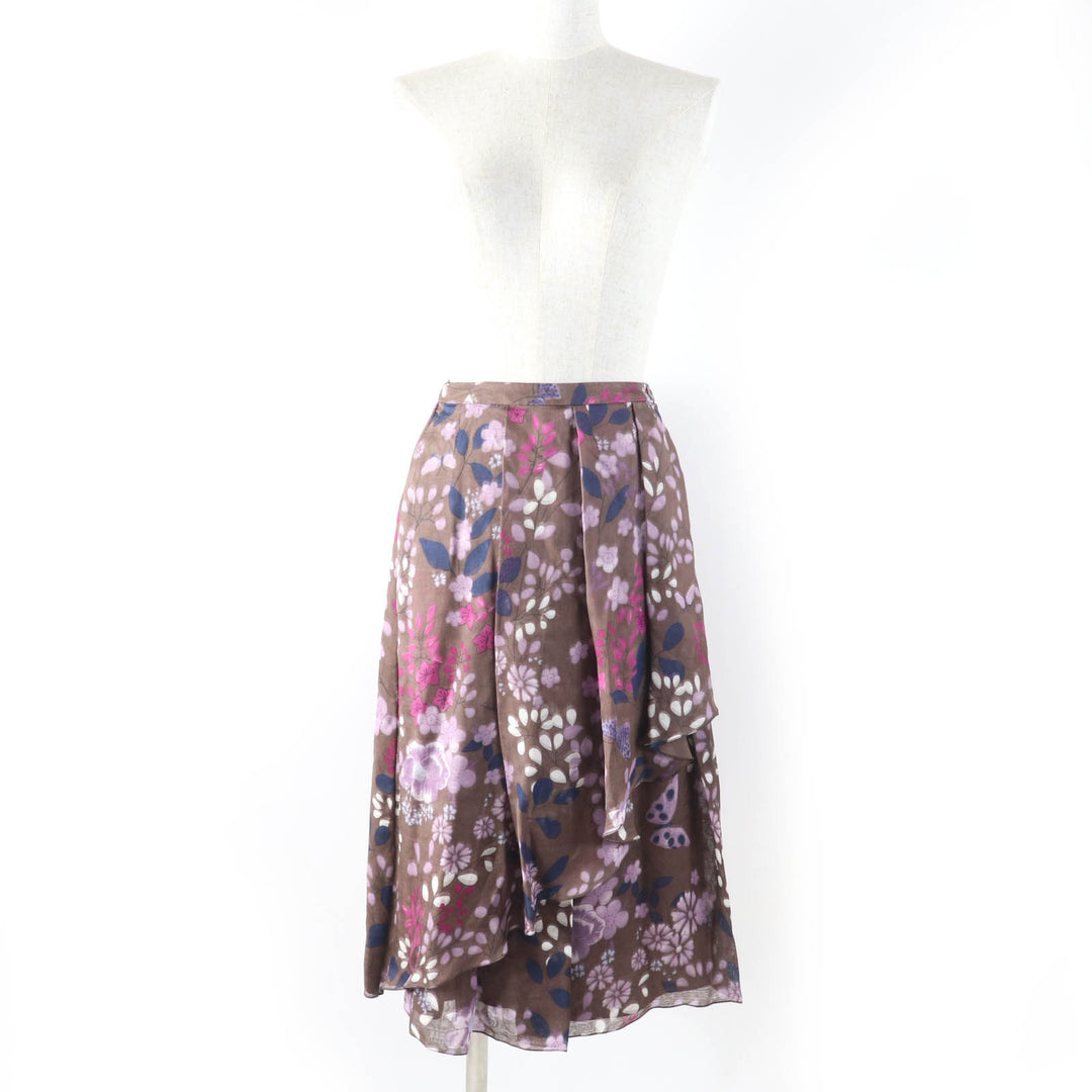 Pristine Salvatore Ferragamo flare skirt Flower and logo print Brown silk Women