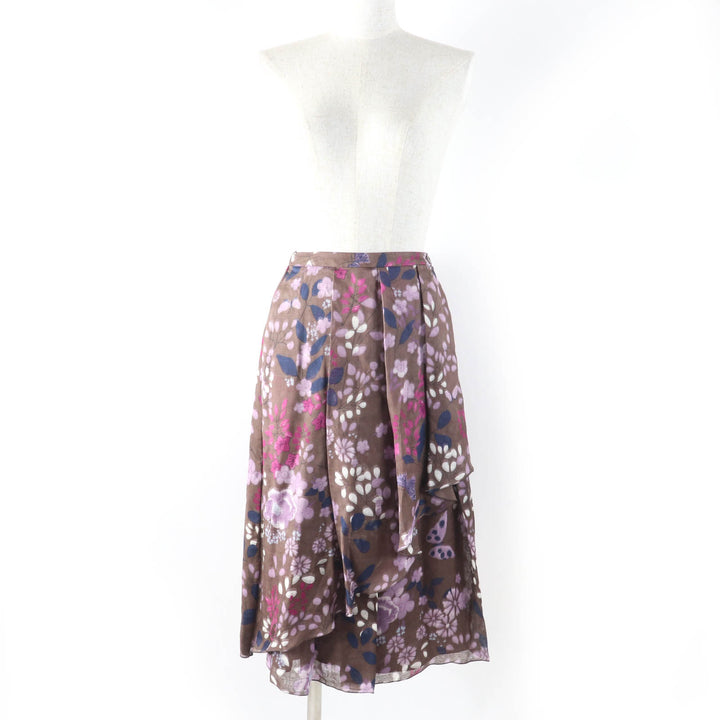 Pristine Salvatore Ferragamo flare skirt Flower and logo print Brown silk Women