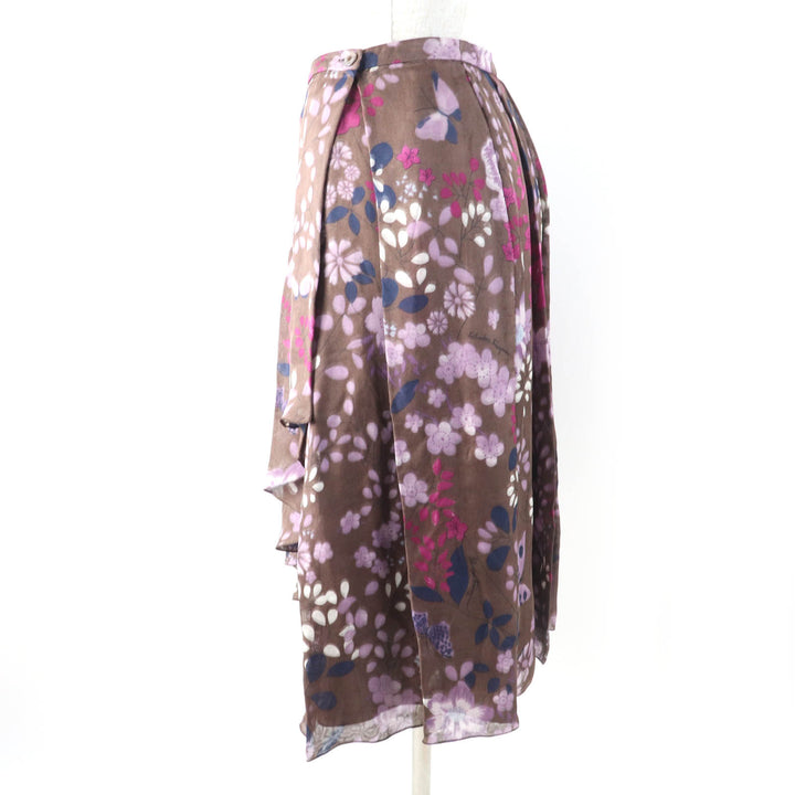 Pristine Salvatore Ferragamo flare skirt Flower and logo print Brown silk Women