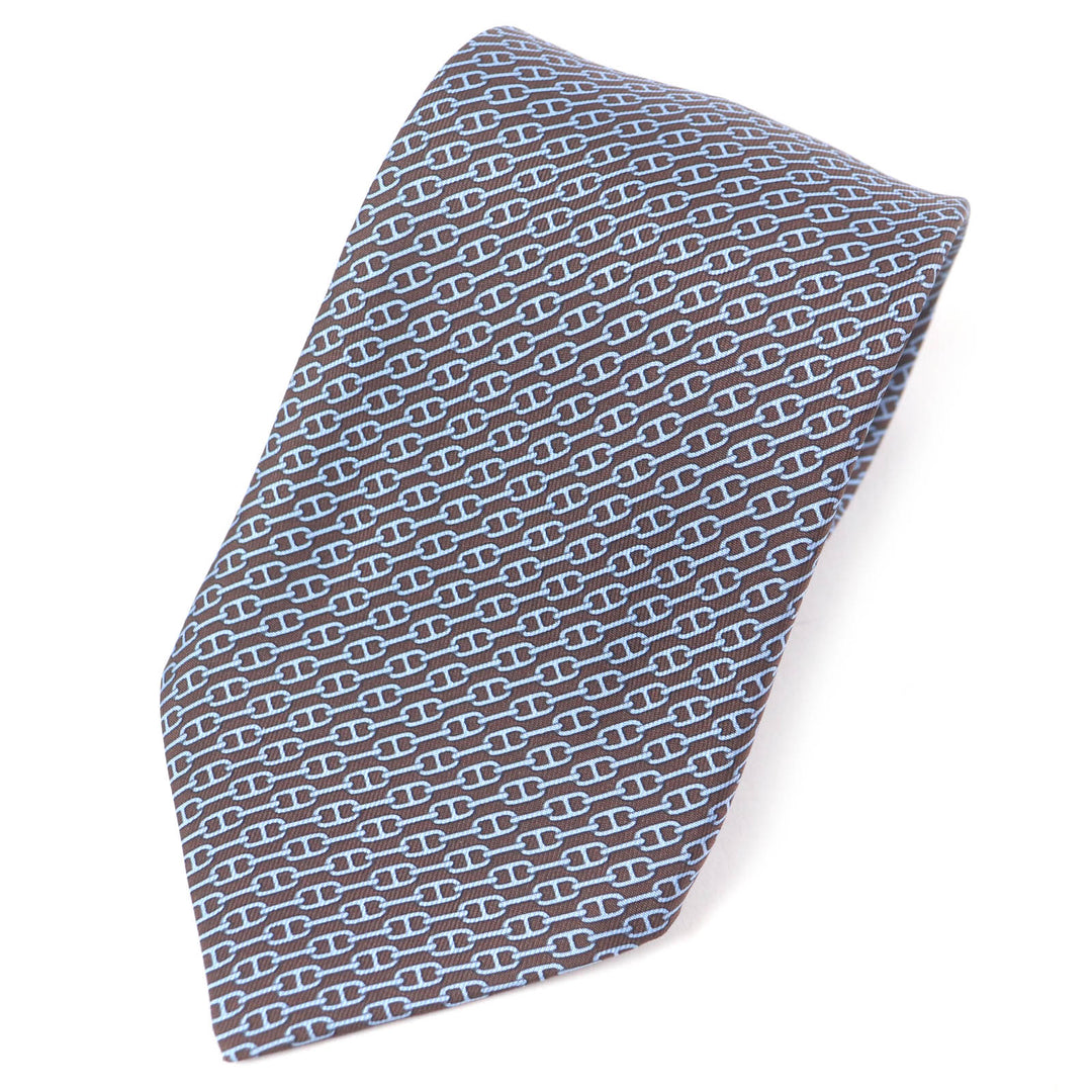 Pristine HERMES tie Chaine All-over Pattern Cravat Wide Tie Maron Ciel silk mens 5261 SA