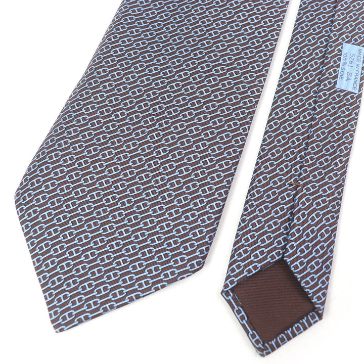Pristine HERMES tie Chaine All-over Pattern Cravat Wide Tie Maron Ciel silk mens