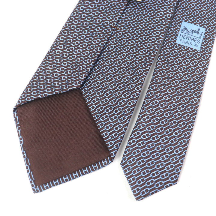 Pristine HERMES tie Chaine All-over Pattern Cravat Wide Tie Maron Ciel silk mens