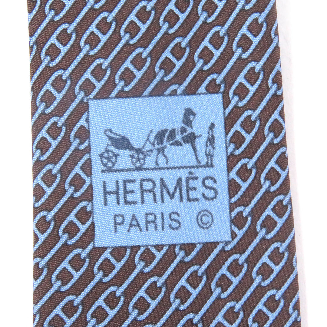 Pristine HERMES tie Chaine All-over Pattern Cravat Wide Tie Maron Ciel silk mens 5261 SA