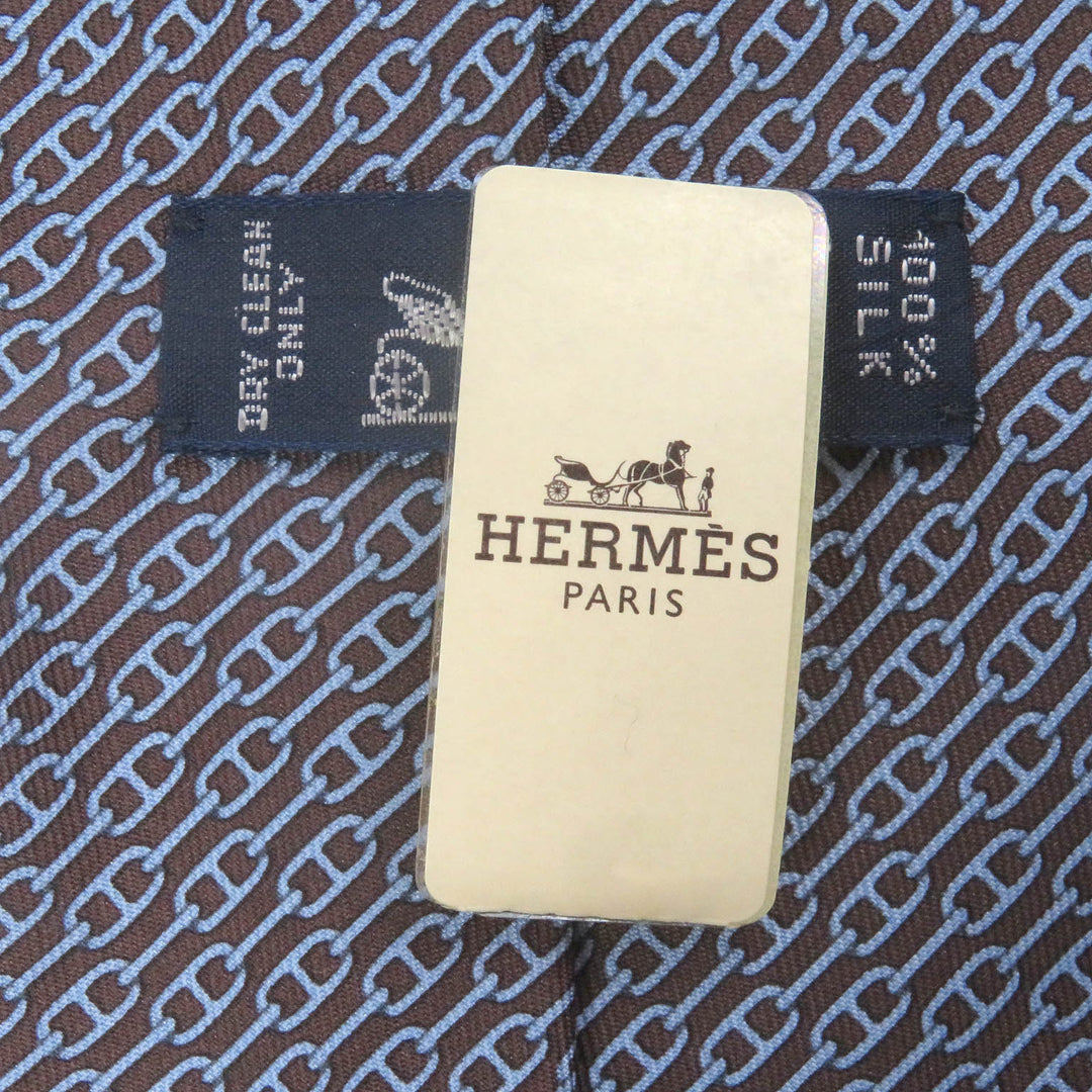 Pristine HERMES tie Chaine All-over Pattern Cravat Wide Tie Maron Ciel silk mens 5261 SA