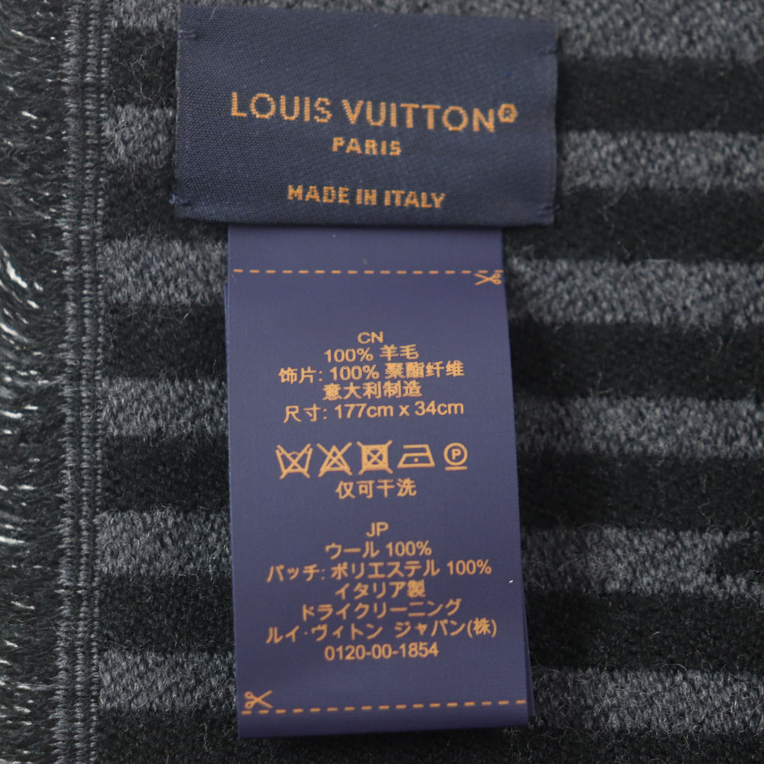 Excellent LOUIS VUITTON Scarf Echarpe LV Harmony with logo patch gray wool M77944